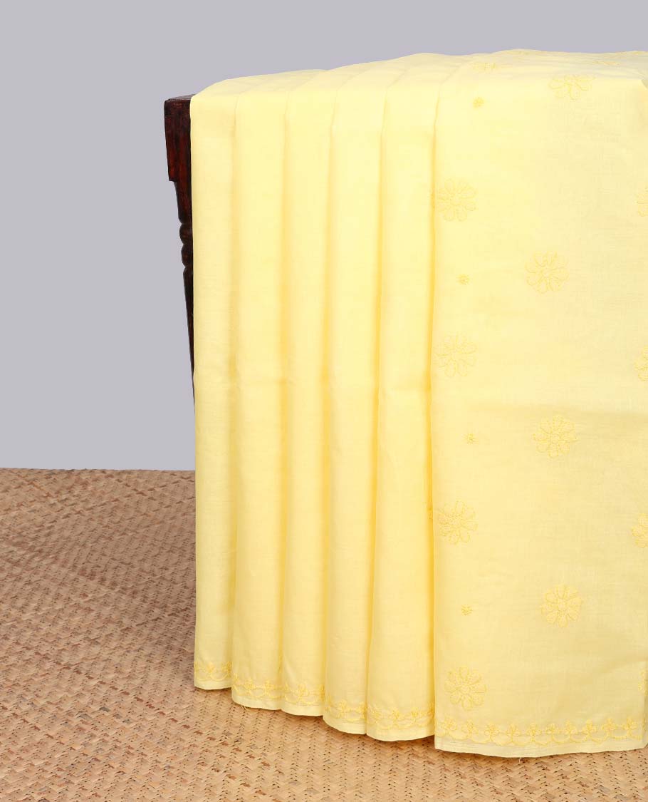 Yellow floral lucknowi chikankari cotton saree self-border & floral embroidery