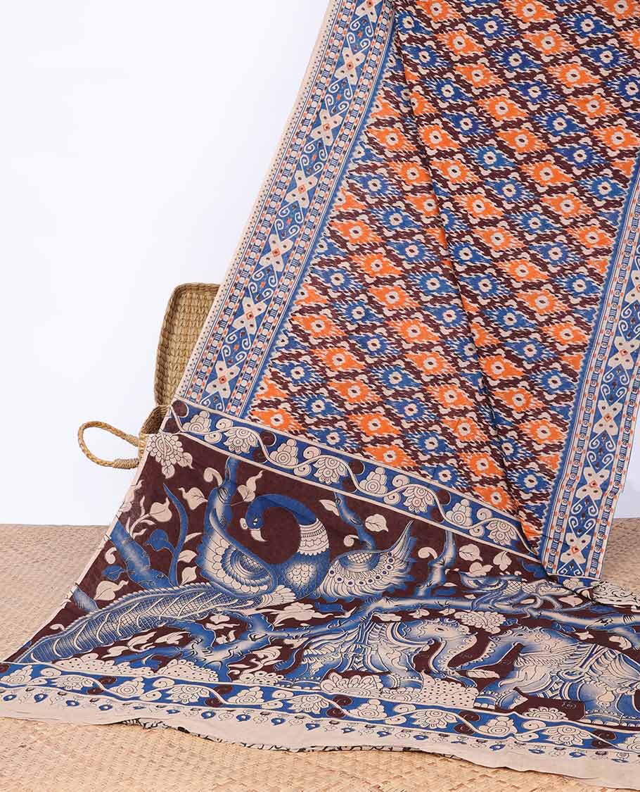 Multi-colored checked design machine-printed kalamkari saree with contrast floral design border & animal design pallu