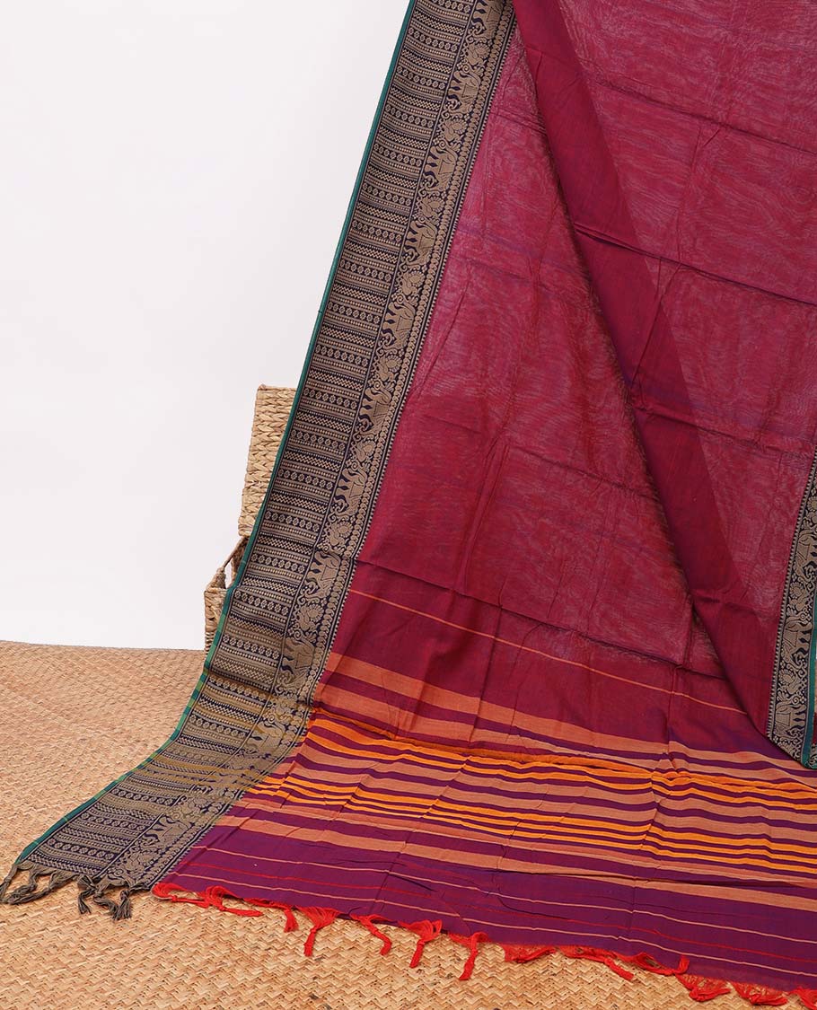 Red narayanapet cotton saree with contrast elephant zari design border & striped pallu