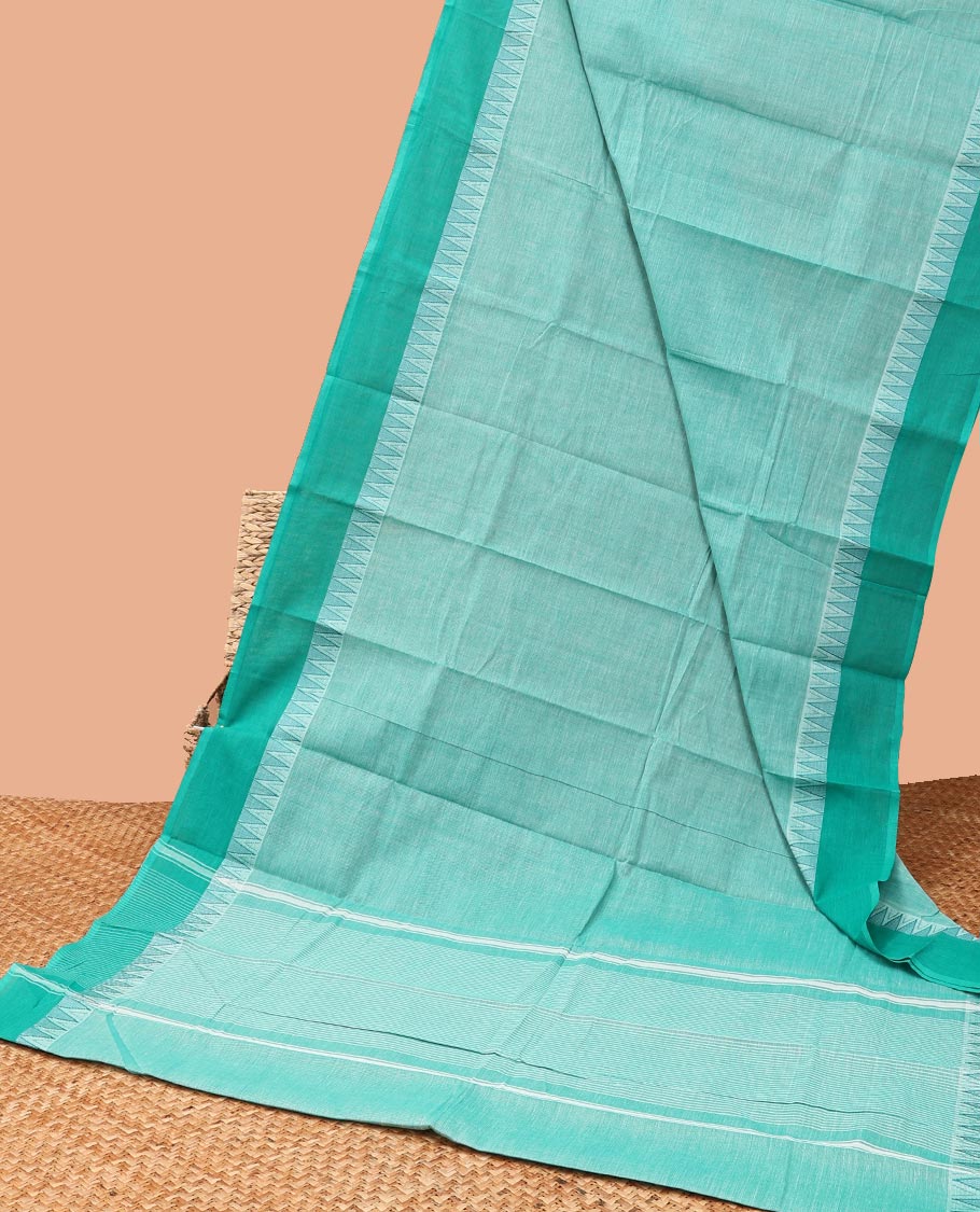 Grey chirla cottton saree with contrast temple border & striped pallu