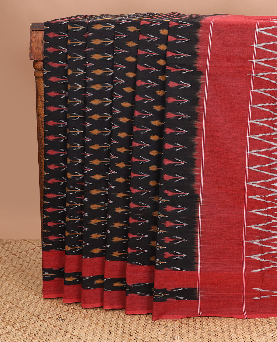 Black buttas ikkat cotton saree, contrast ikkat border & pallu of chevron design