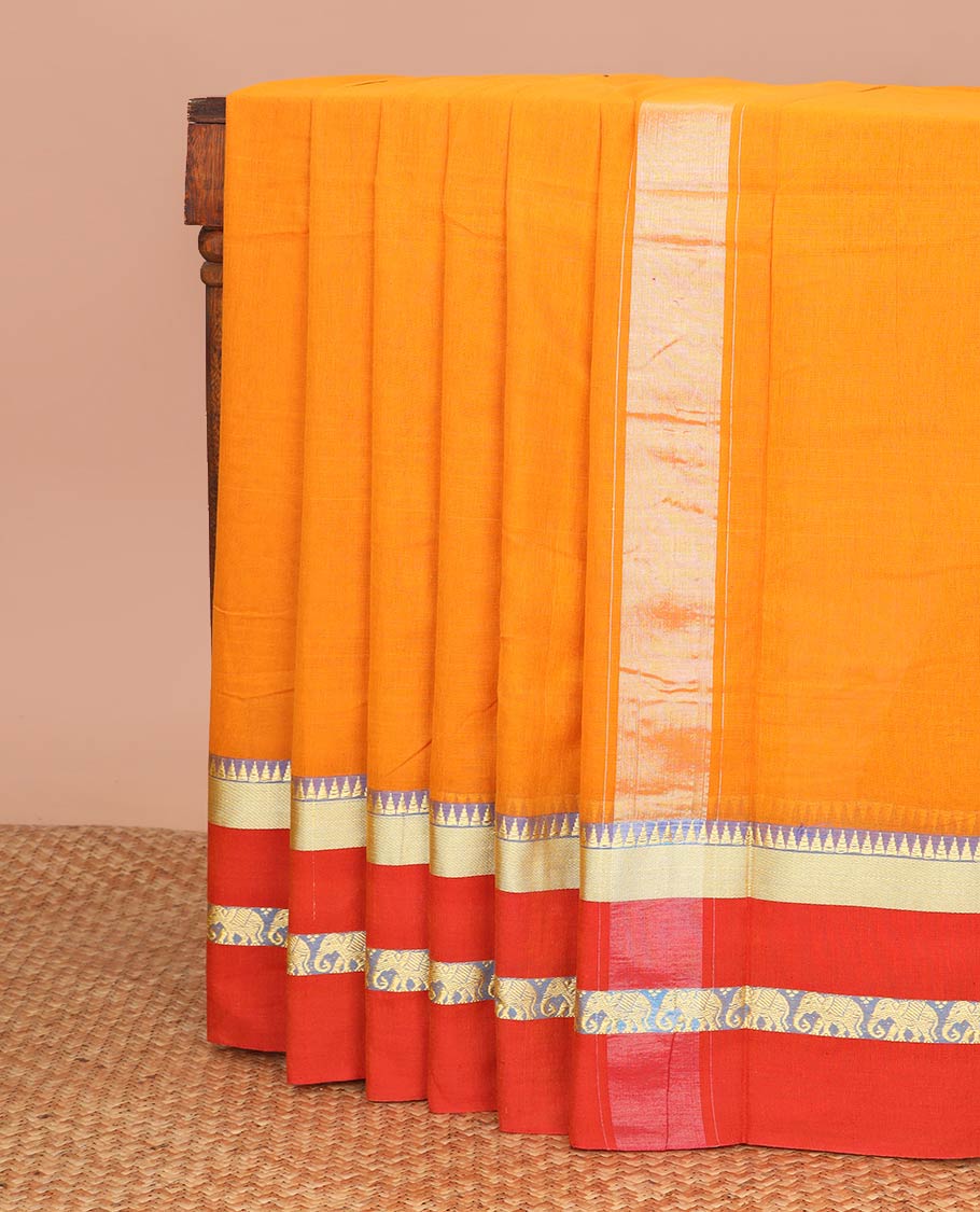 Orange narayanapet cotton saree with contrast temple elephant design border & bhavanji pallu