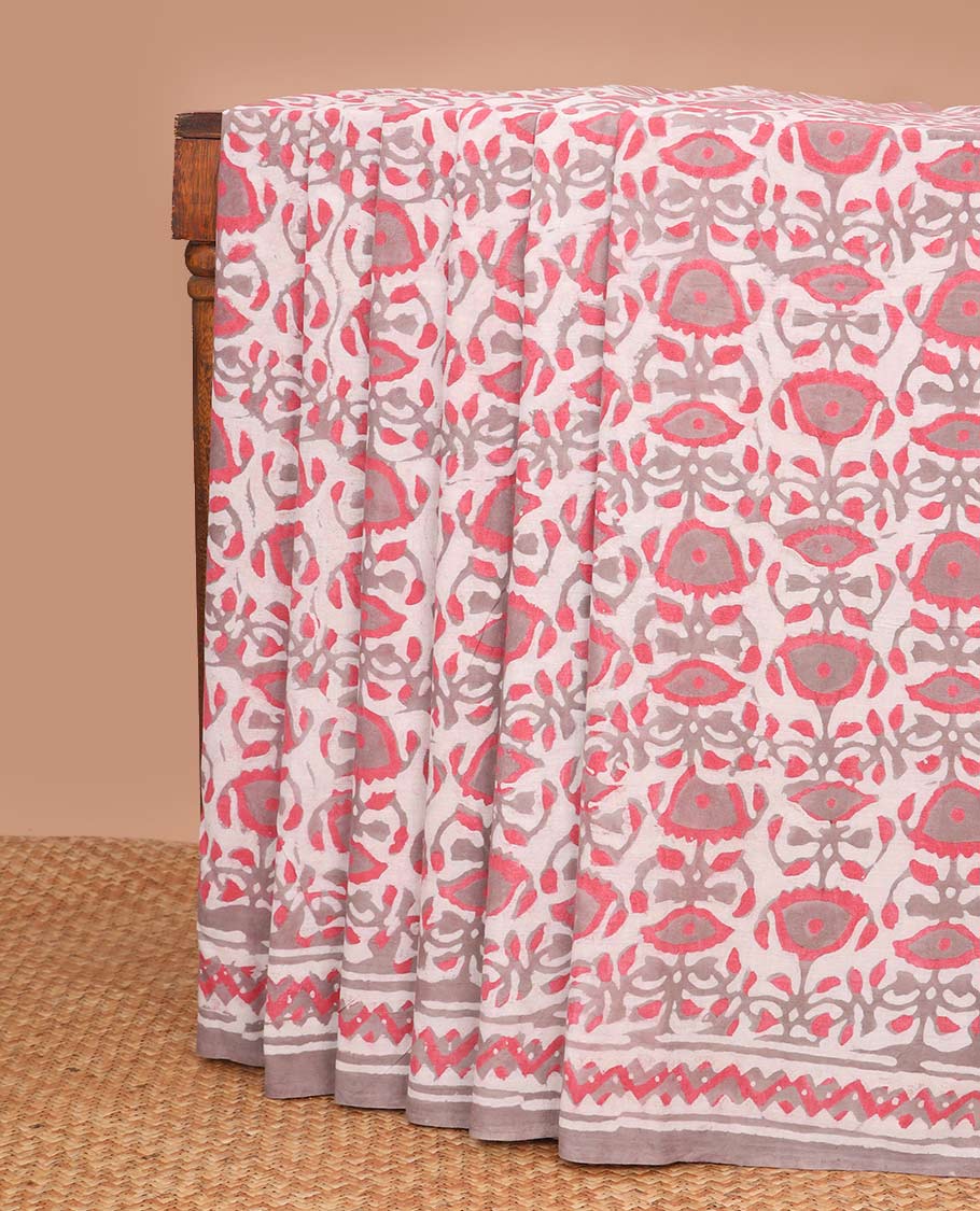Red floral block design mul mul cotton saree with contrast intricate design & floral motifs pallu
