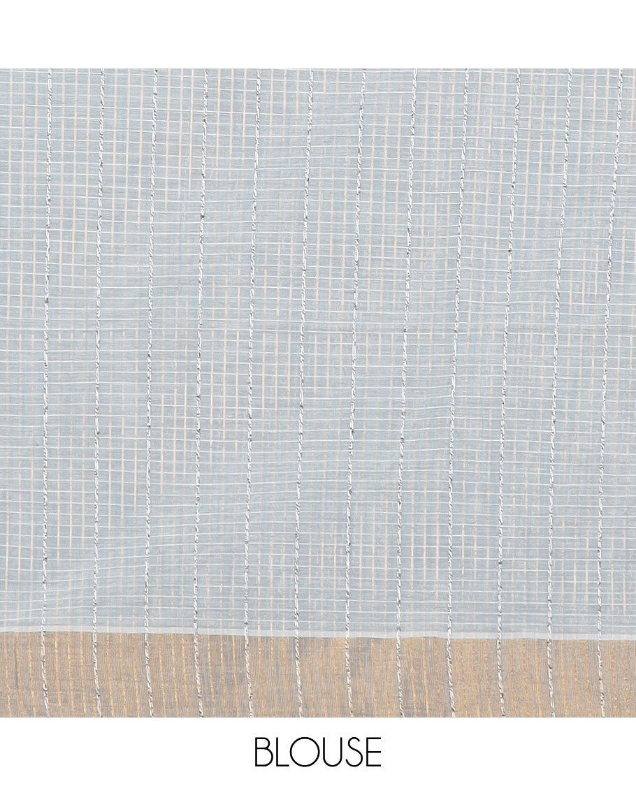 Grey striped jute cotton saree, gleaming zari border & striped pallu