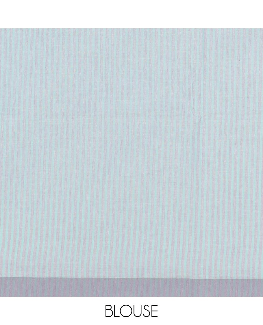 Pale blue vertically striped jute cotton saree, contrast border, and striped pallu