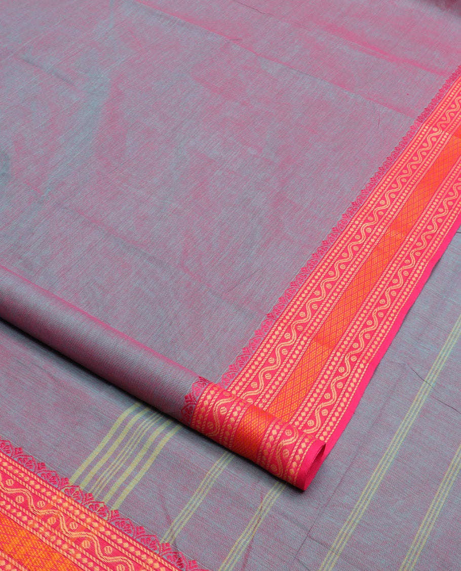 Blue dual-toned plain design nine-yard cotton saree, contrast thread traditional border, and striped pallu