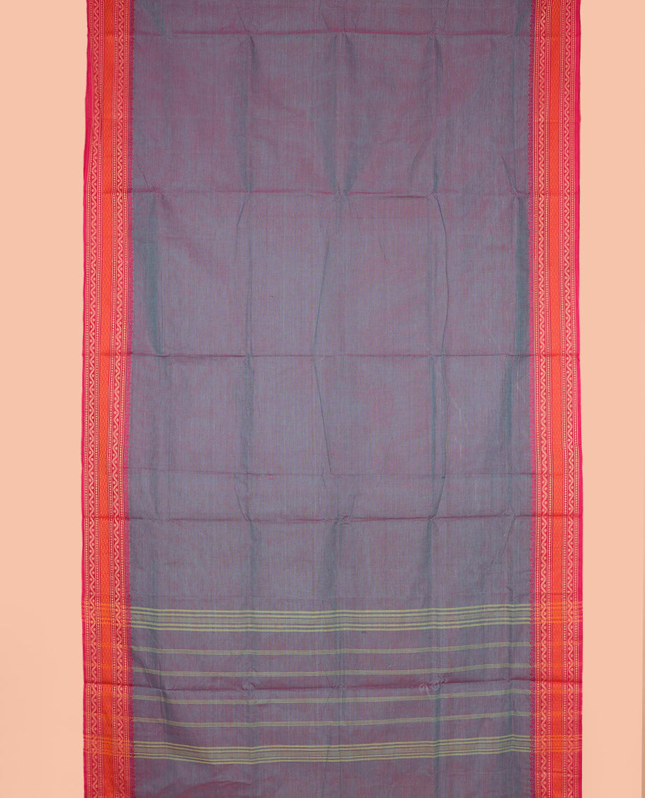Blue dual-toned plain design nine-yard cotton saree, contrast thread traditional border, and striped pallu