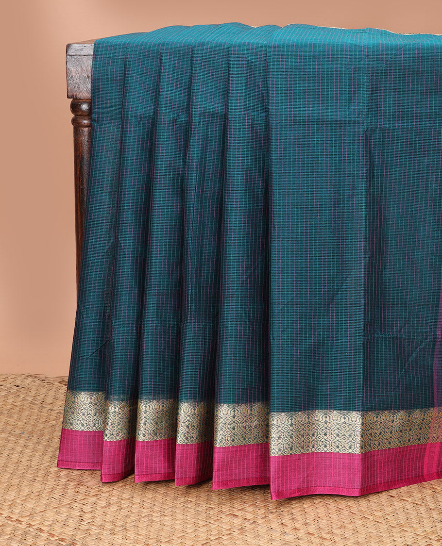 Peacock blue striped Bengal cotton saree, contrast intricate design border, and striped pallu