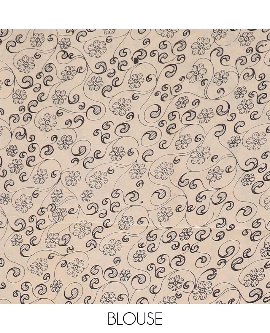 Green floral vine machine printed kalamkari cotton saree, contrast paisley printed border, and pallu of peacock print