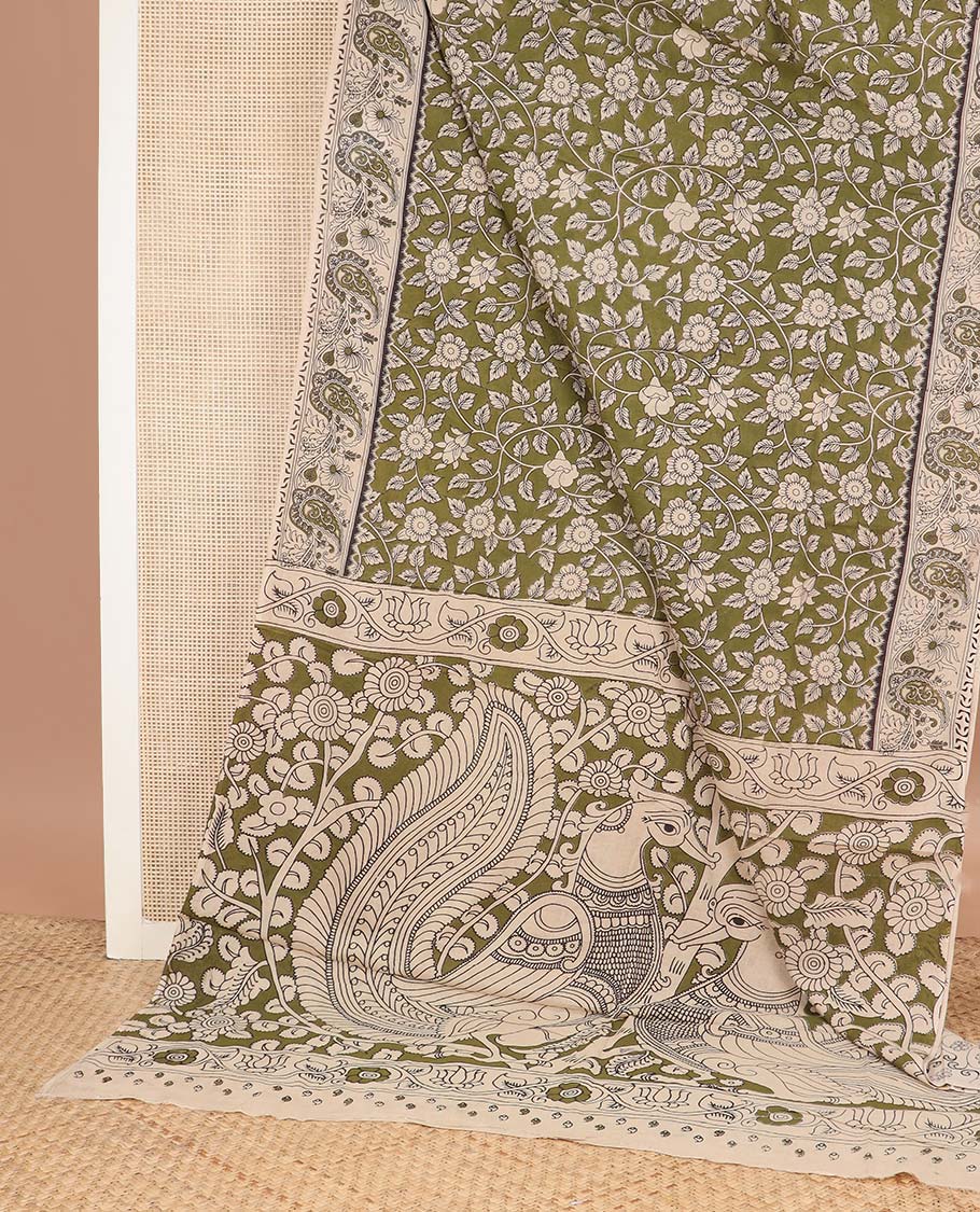 Green floral vine machine printed kalamkari cotton saree, contrast paisley printed border, and pallu of peacock print