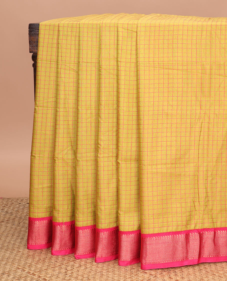 Yellow micro checked chirala cotton saree, contrast traditional zari border, and zari design pallu