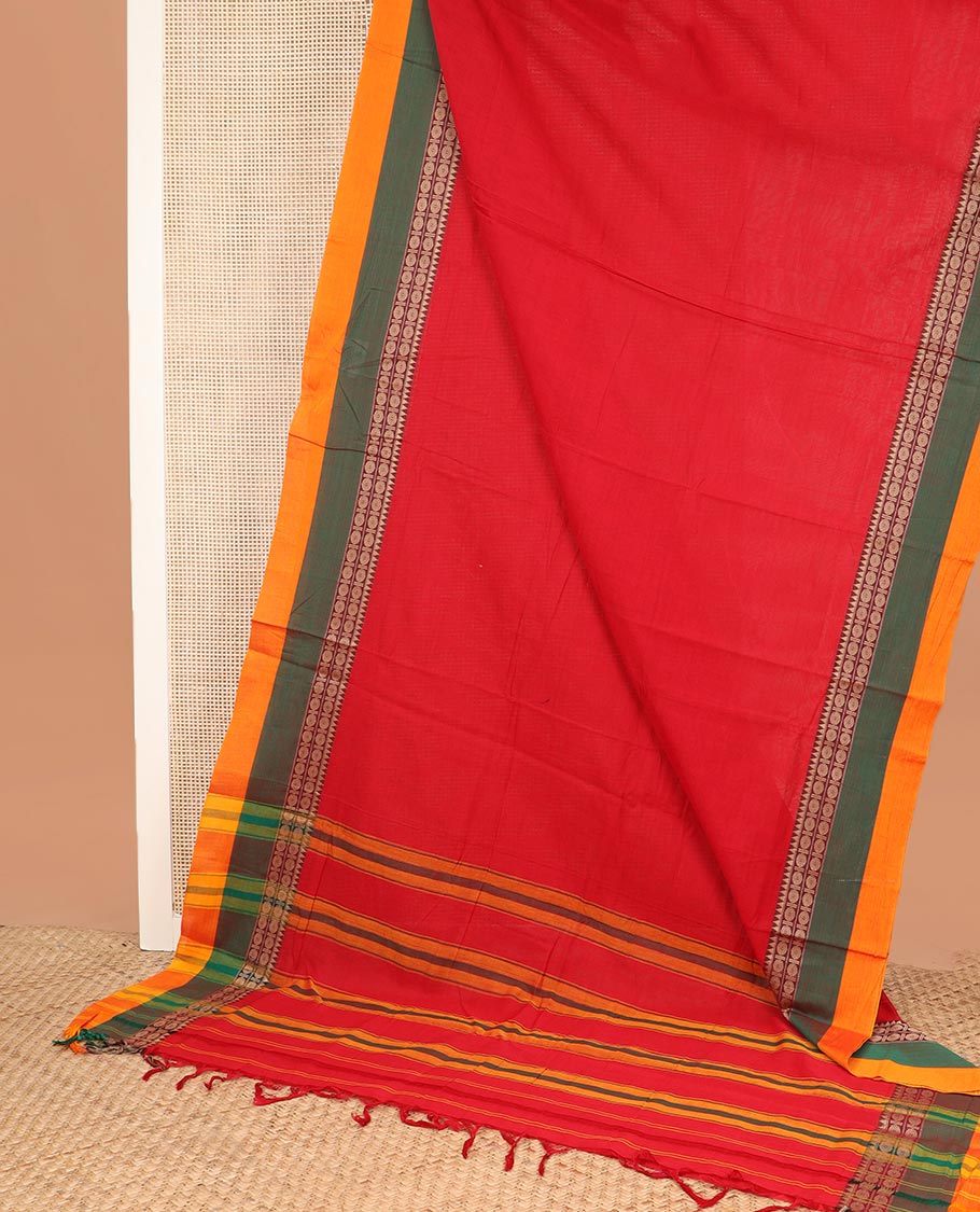 Red plain Narayanapet cotton saree, contrast rudraksham and temple motifs thread woven border, and striped pallu
