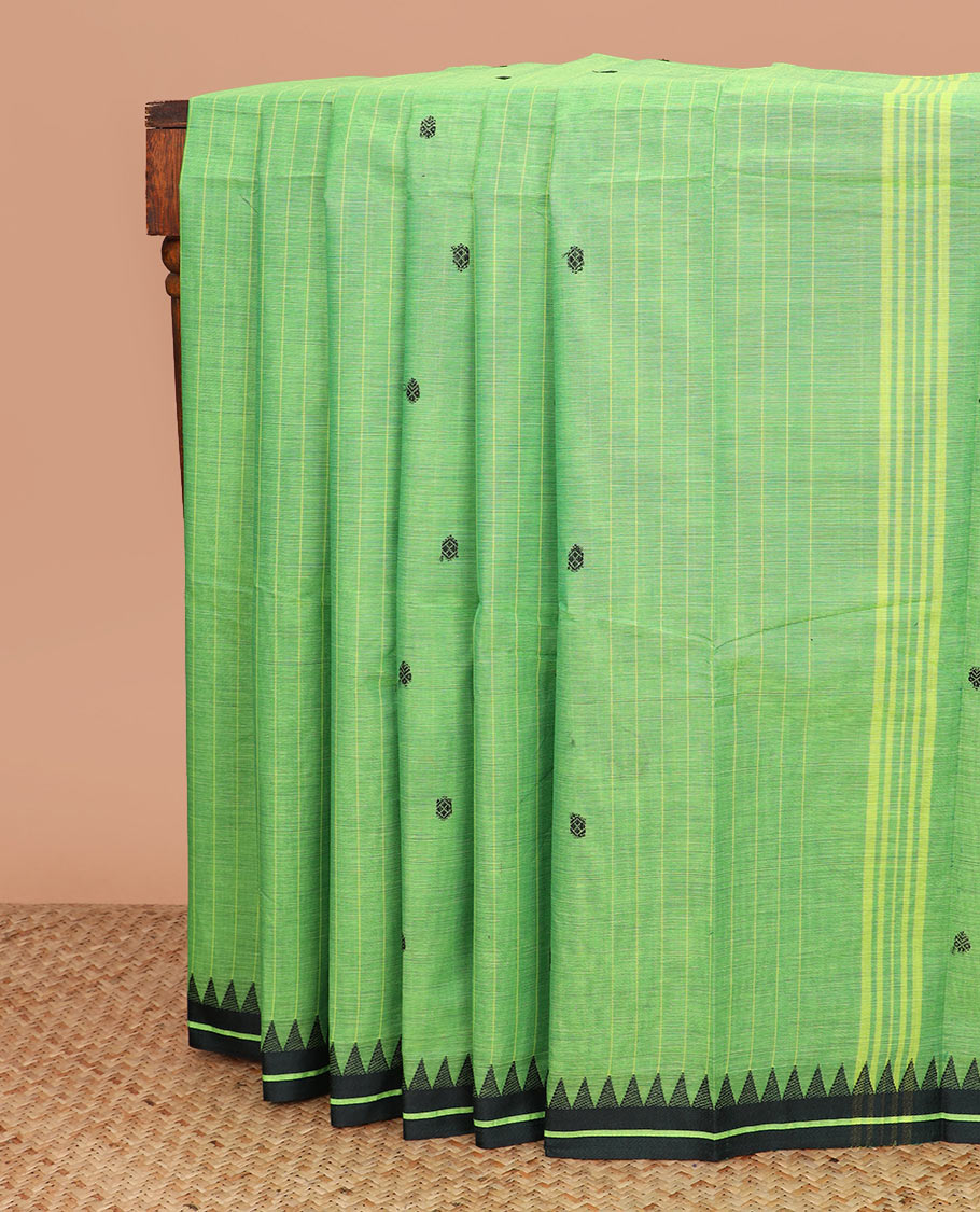 Green striped and thread buttas Chettinad cotton saree, contrast temple border, and striped pallu