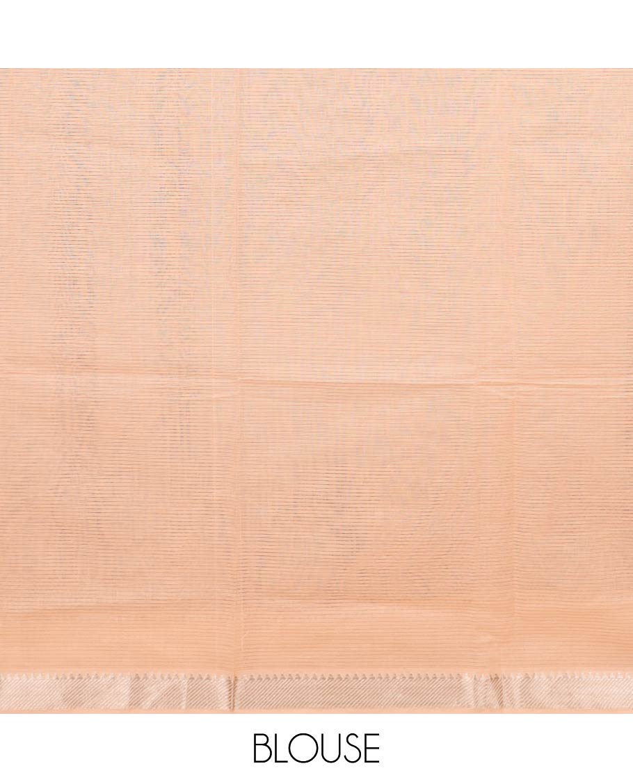 Pastel orange sparsely striped with flamingo patch and thread embroidered chirala cotton saree, temple zari border and pallu of flamingo patch and thread embroidery