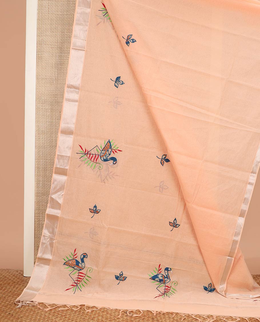 Pastel orange sparsely striped with flamingo patch and thread embroidered chirala cotton saree, temple zari border and pallu of flamingo patch and thread embroidery