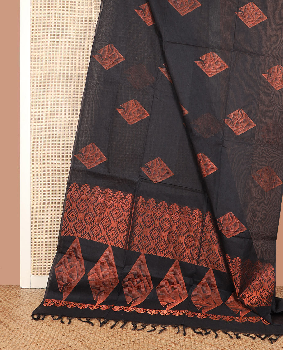 Borderless Black Coimbatore Cotton Saree, Elevated with Diamond Buttas All Over Its Body, Zari Decked Up Pallu of Geometric Patterns, and Paired with a Plain Matching Blouse