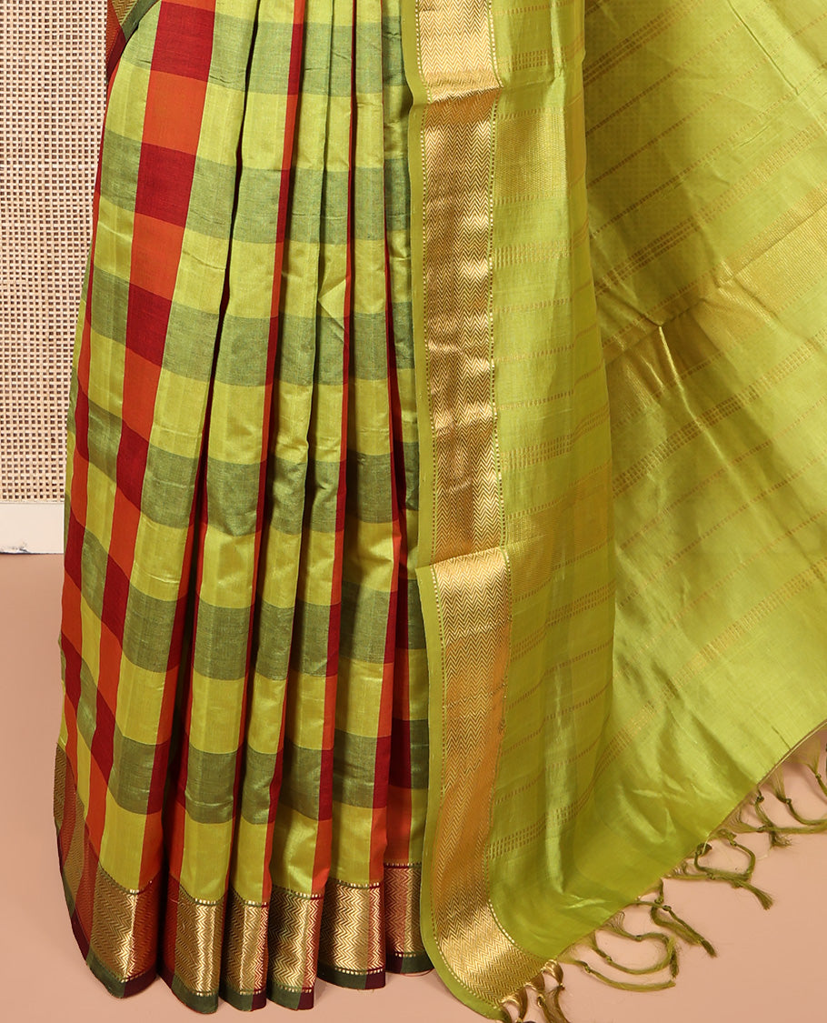 Multi-Color Checked Poly Cotton Saree, Highlighted by Traditional Zari Border, Zari Design Pallu, and Paired with a Matching Blouse