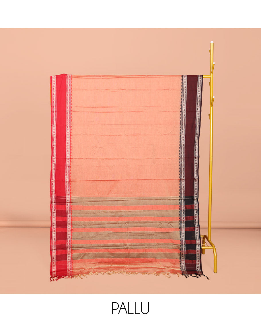 Peach Striped Narayanpet Cotton Saree, Complemented by a Contrast Traditional Design Rettai Pettu Ganga Jamuna Border, Striped Pallu, and Comes Without a Blouse