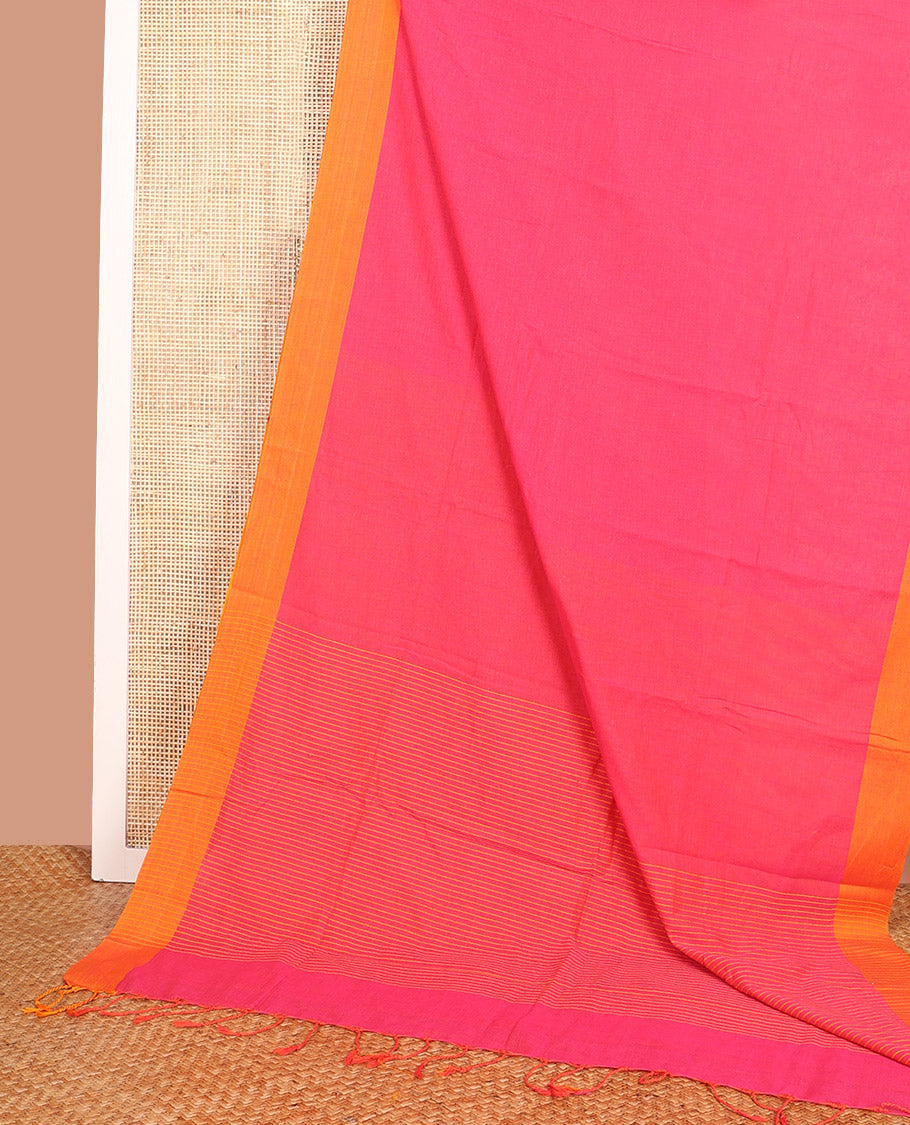 Pink Plain Khadi Cotton Saree, Subtly Sparked with Contrasting Plain Border, Subtly Striped Pallu, and Paired with a Contrast Blouse