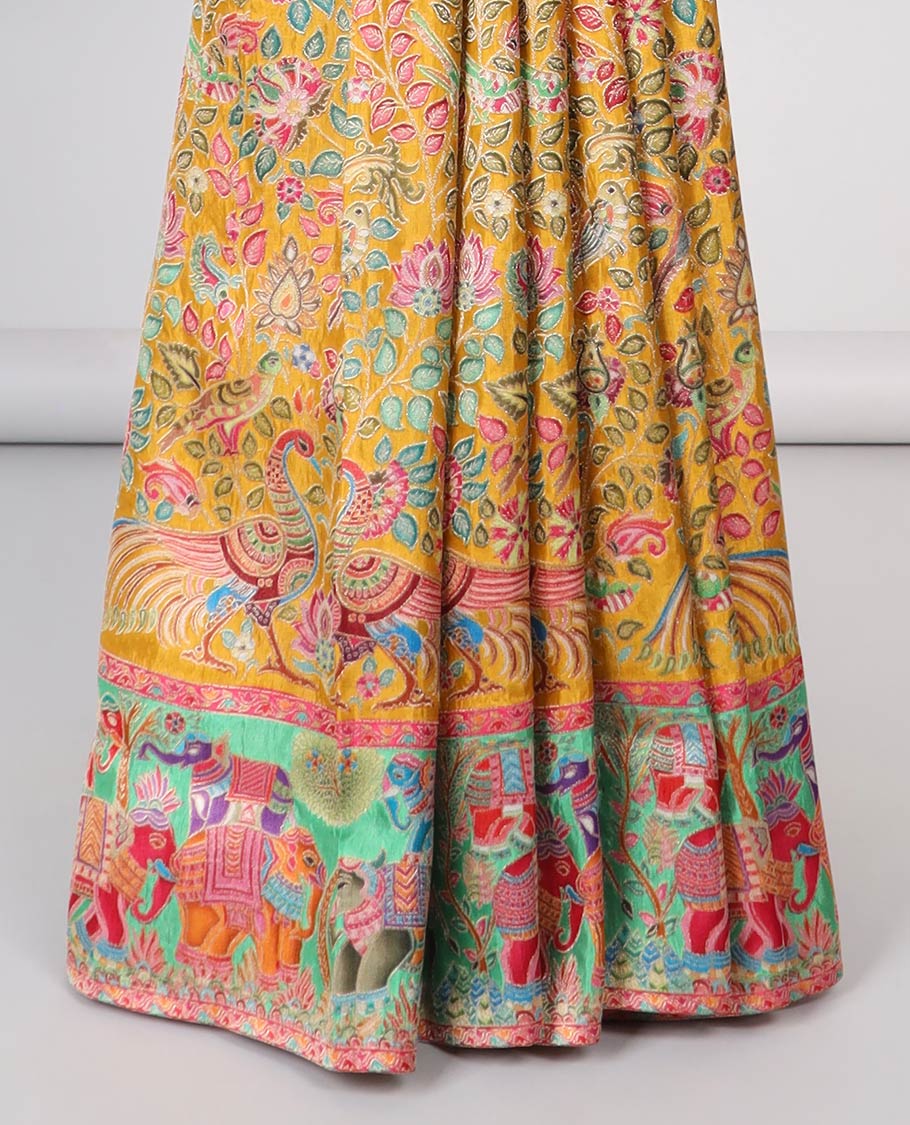 Yellow floral vine printed semi-banaras dola silksaree with contrast floral border & intricate animal motifs pallu