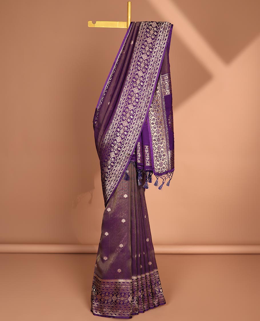 Violet floral motifs dola saree with self intricate design border & floral design pallu