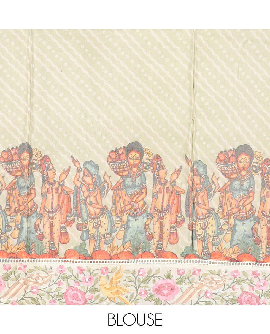 Pastel green buttas with bandhani and kalamkari floral-human motifs printed dola silk saree, contrast floral embroidered scallop border