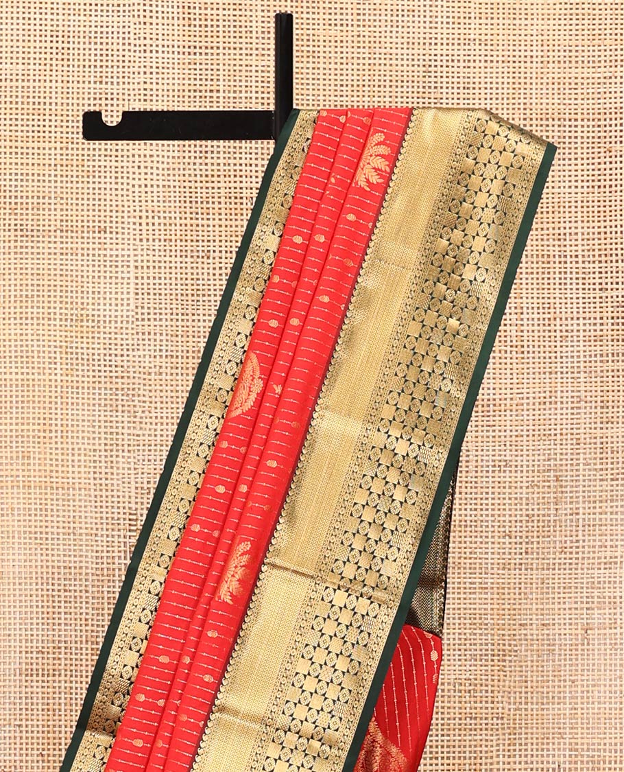 Red and Dark Green Budget Silk Saree, Steeped with the Richness of Zari Designs On Its Body, Complemented by Contrast Traditional Zari Designs Woven Border, Grand Pallu and Paired with a Contrast Blouse