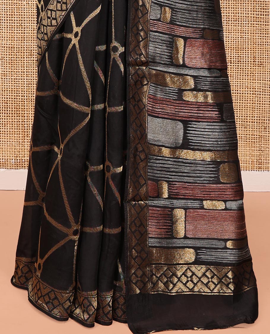 Black Chanderi Cotton Saree, Bedecked with Geometric Web-Patterns Weave On Its Body, Subtle Geometric Border, Pallu of Geometric Weave, and Paired with a Matching Blouse