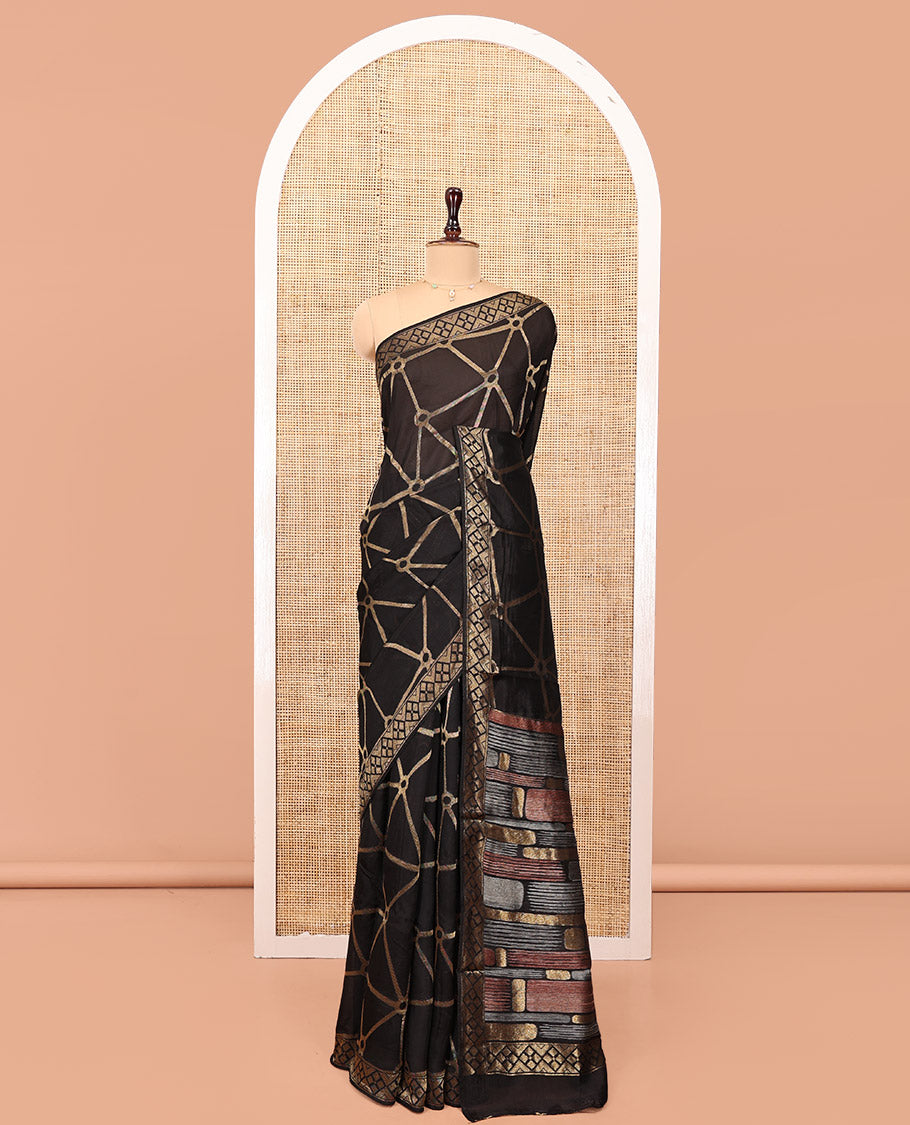 Black Chanderi Cotton Saree, Bedecked with Geometric Web-Patterns Weave On Its Body, Subtle Geometric Border, Pallu of Geometric Weave, and Paired with a Matching Blouse
