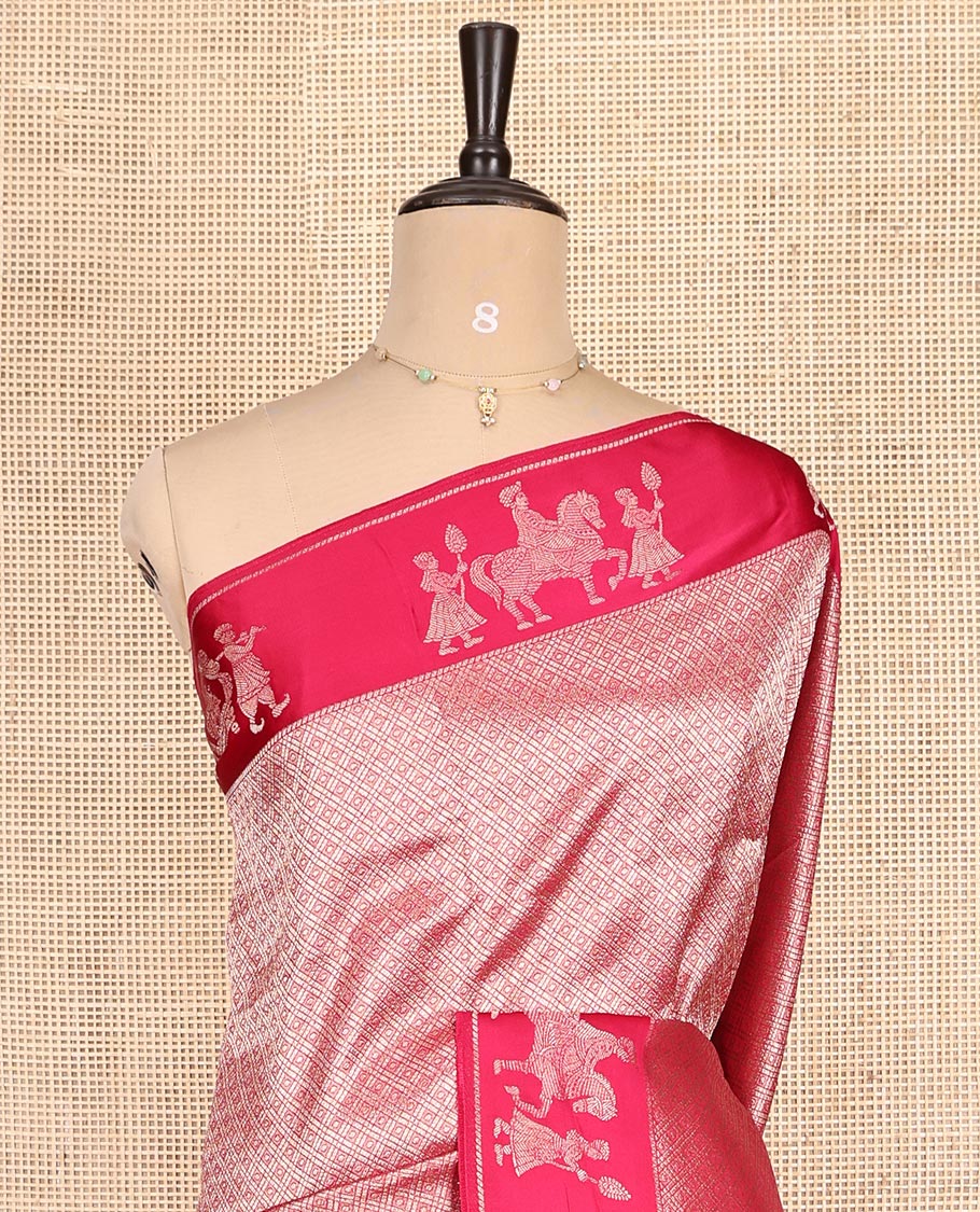 Rani Pink Russian Dola Silk Saree Features Jacquard, Wedding-Themed Border, Jaal Pallu, Matching Blouse