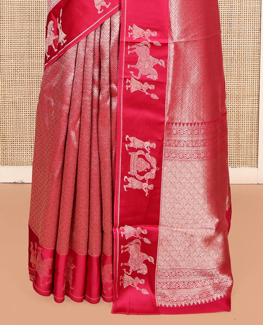 Rani Pink Russian Dola Silk Saree Features Jacquard, Wedding-Themed Border, Jaal Pallu, Matching Blouse