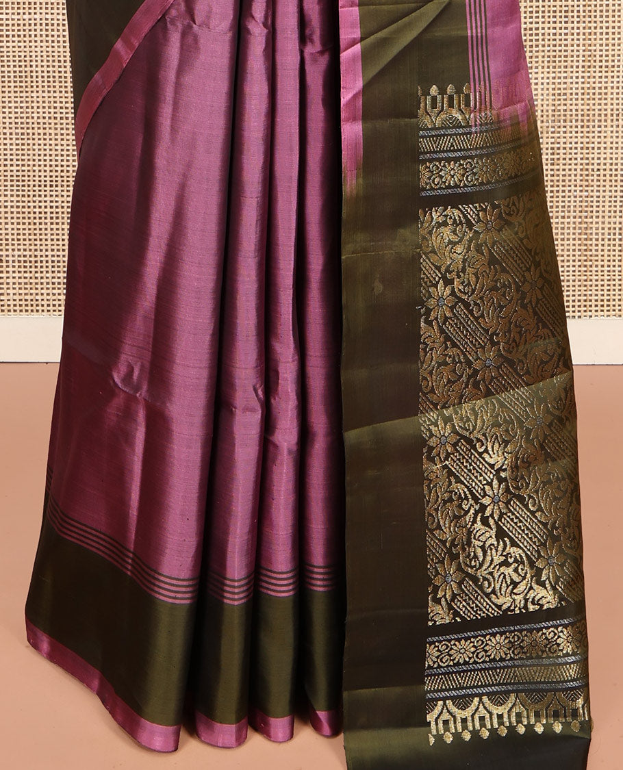Onion Pink-Mehendi Zari Buttas Mayuri Lite Silkmix Saree, Contrast Border, Grand Pallu, Contrast Blouse