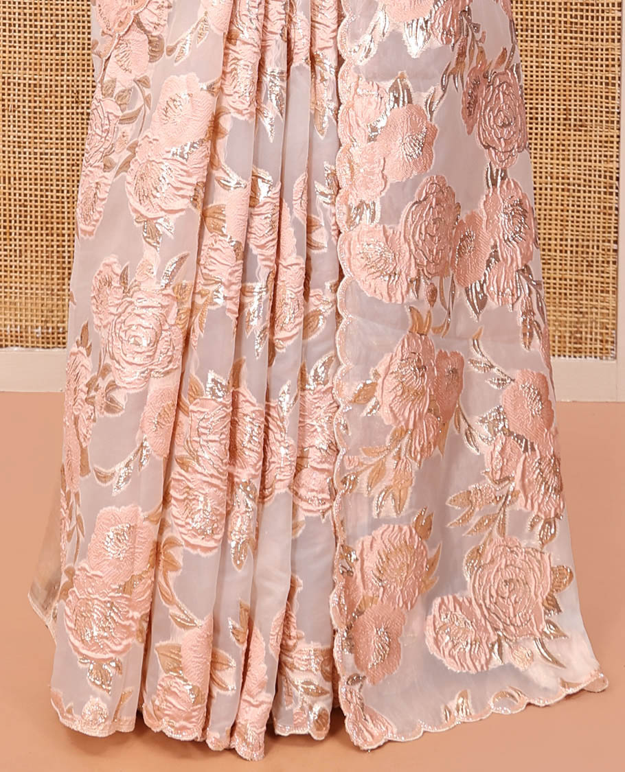 Peach Turkey Organza Saree, Floral Glitterwork, Scallop Border, Embroidered Blouse