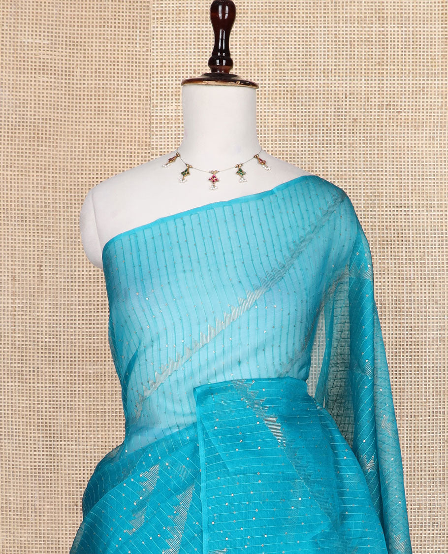 Borderless blue sequins embroidery and temple design, organza silk saree