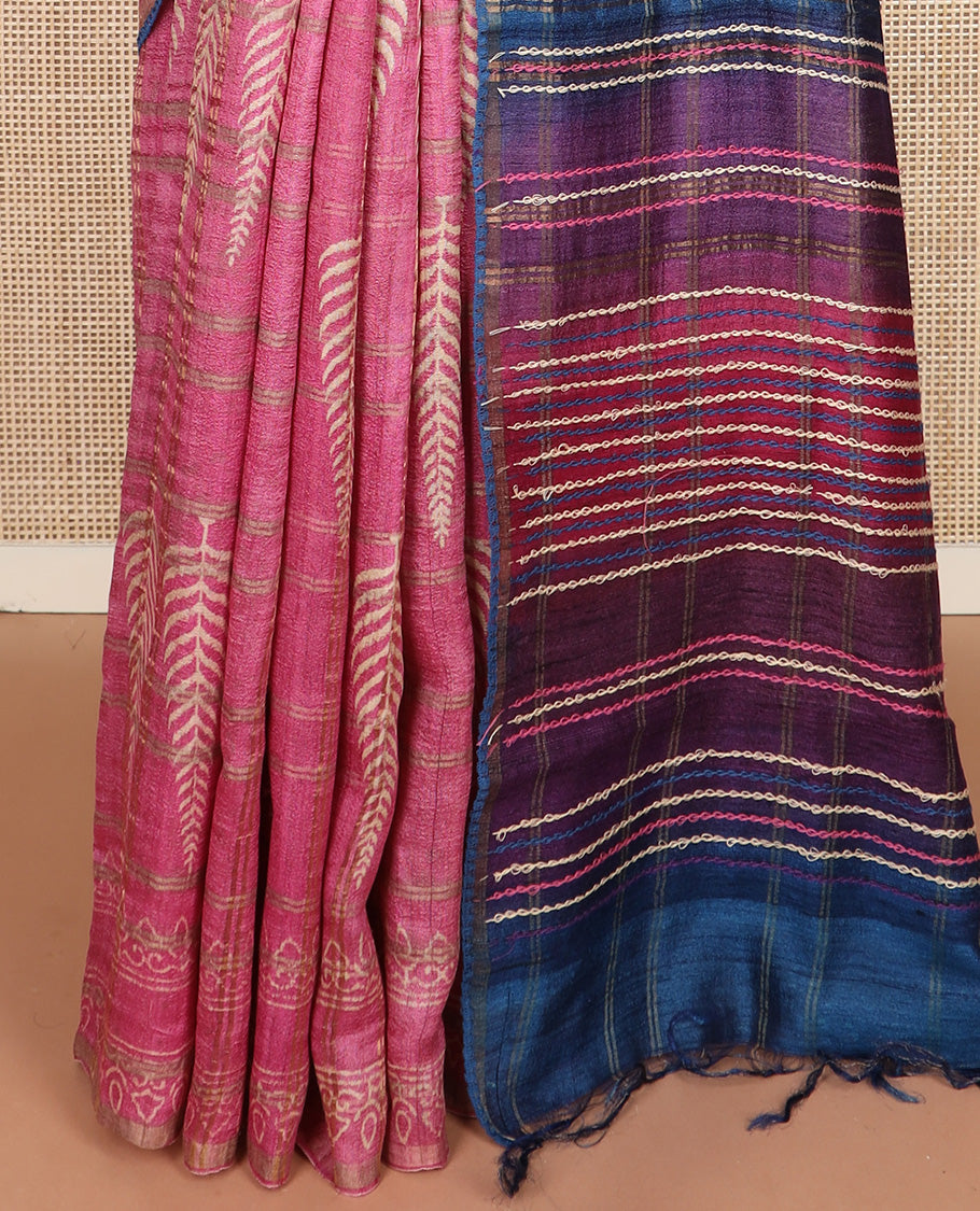 Pink zari checks and cypress tree style like printed tussar silk saree, thin piping border, and contrast multi-colored thread stripes embroidered pallu