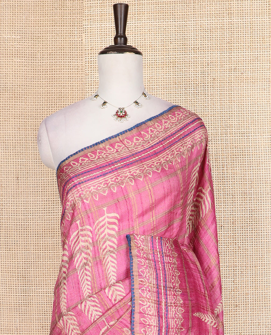 Pink zari checks and cypress tree style like printed tussar silk saree, thin piping border, and contrast multi-colored thread stripes embroidered pallu