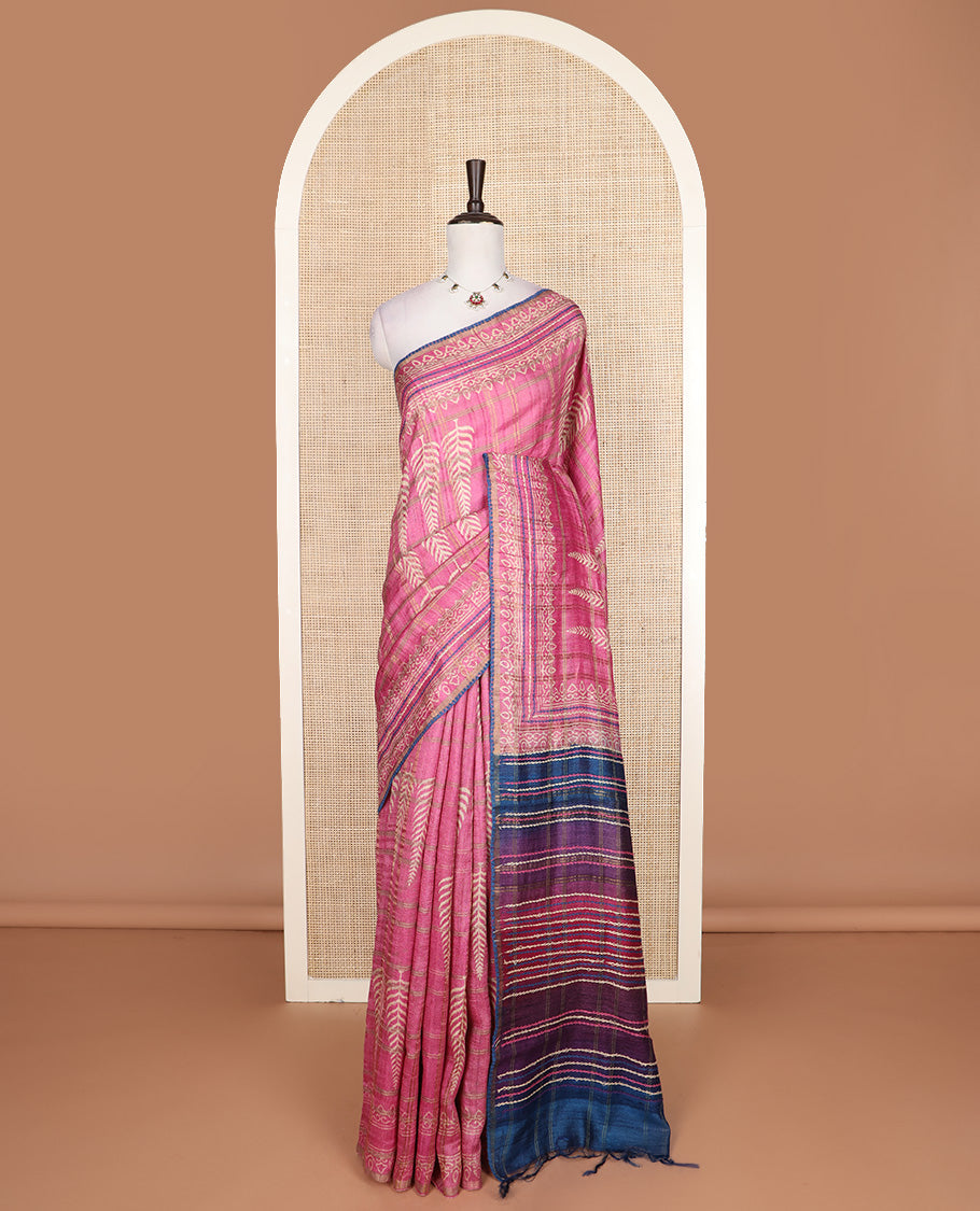 Pink zari checks and cypress tree style like printed tussar silk saree, thin piping border, and contrast multi-colored thread stripes embroidered pallu