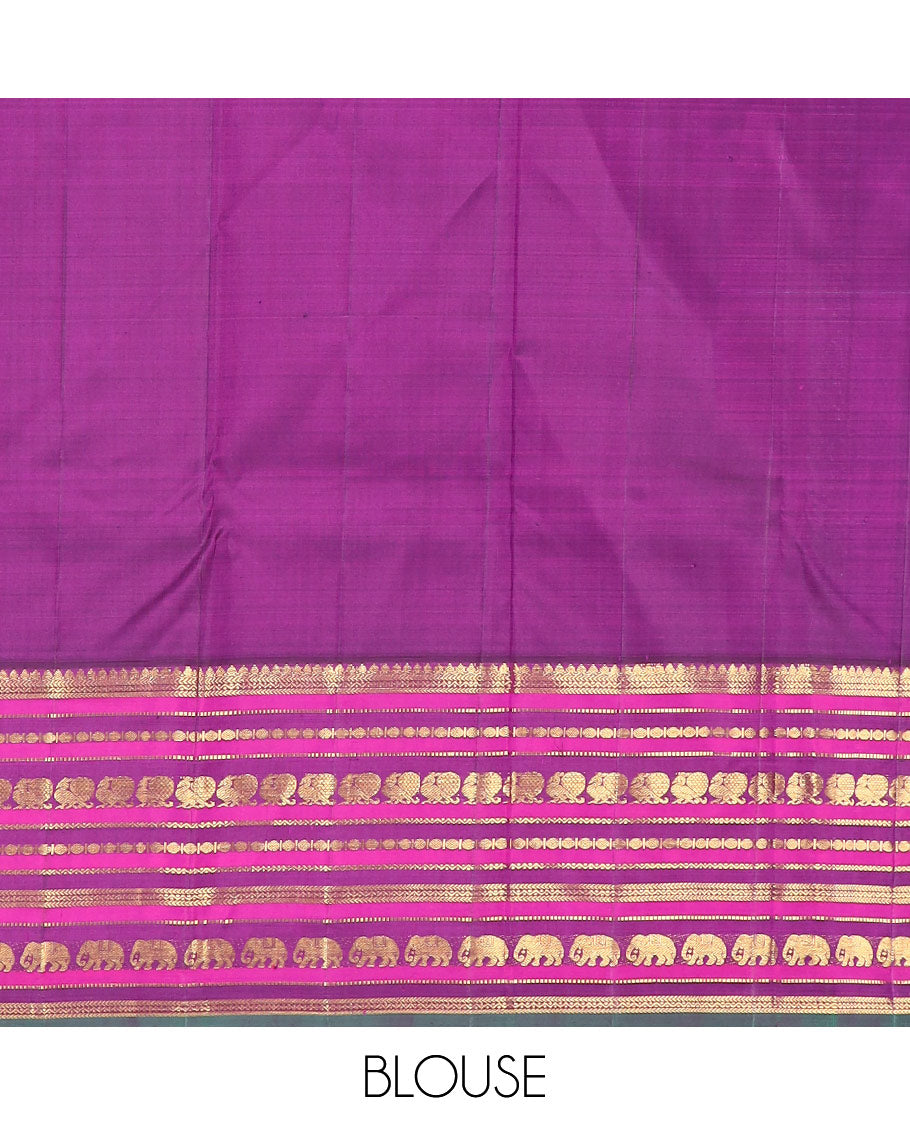 Sandal zari buttas Kanchipuram silksaree, contrast border of thilakam, muthu, laddu kamalam, mayil, and yaanai designs, and butta enclosed checked pallu