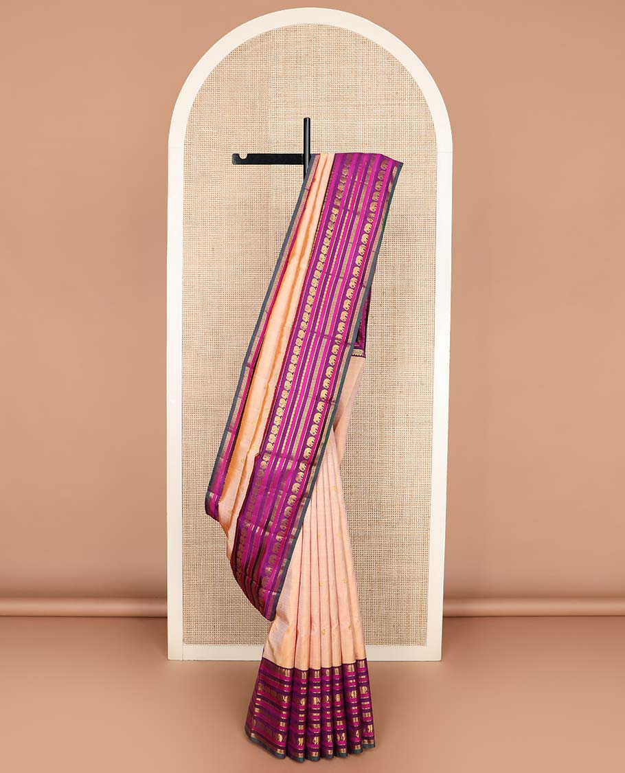 Sandal zari buttas Kanchipuram silksaree, contrast border of thilakam, muthu, laddu kamalam, mayil, and yaanai designs, and butta enclosed checked pallu