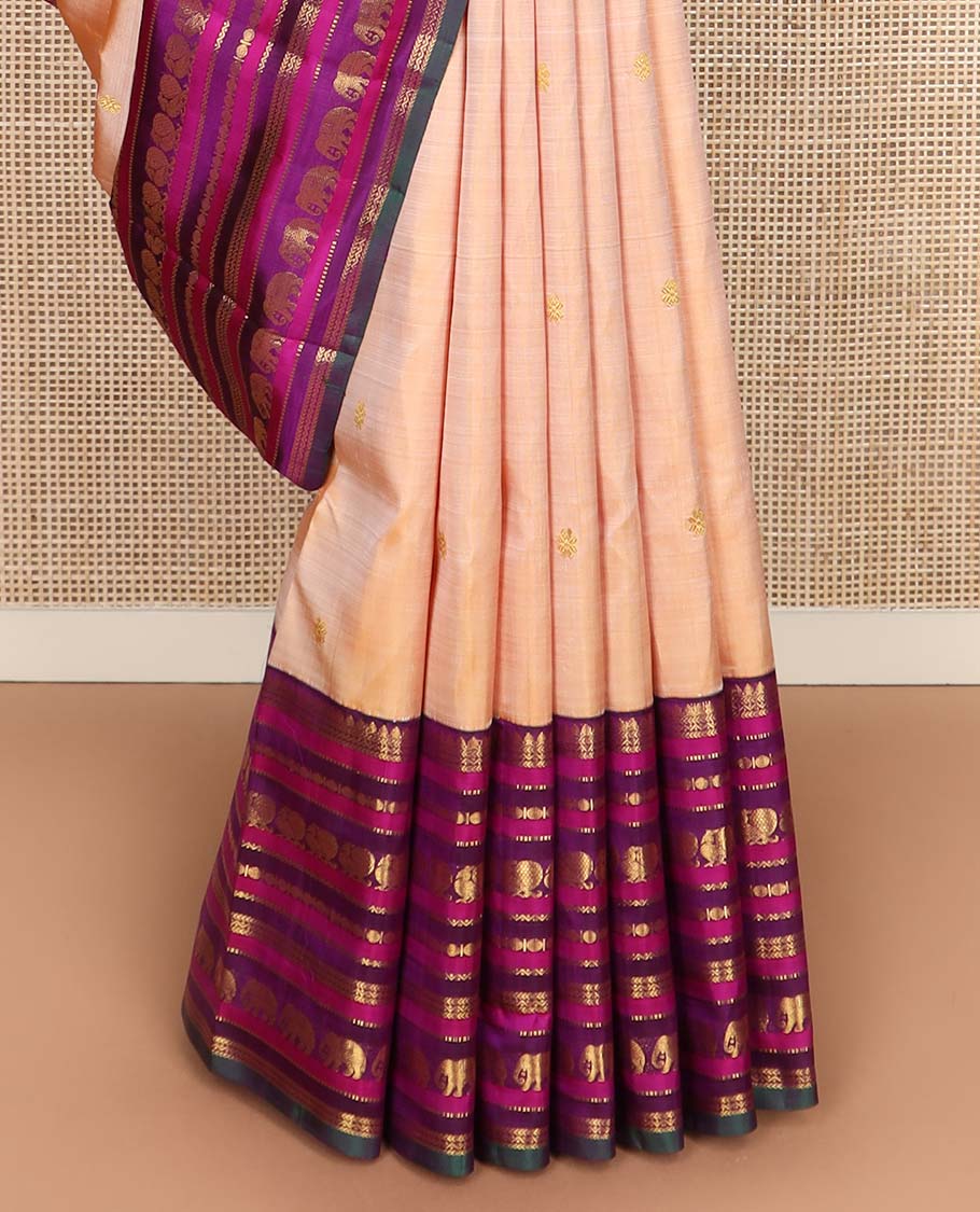 Sandal zari buttas Kanchipuram silksaree, contrast border of thilakam, muthu, laddu kamalam, mayil, and yaanai designs, and butta enclosed checked pallu