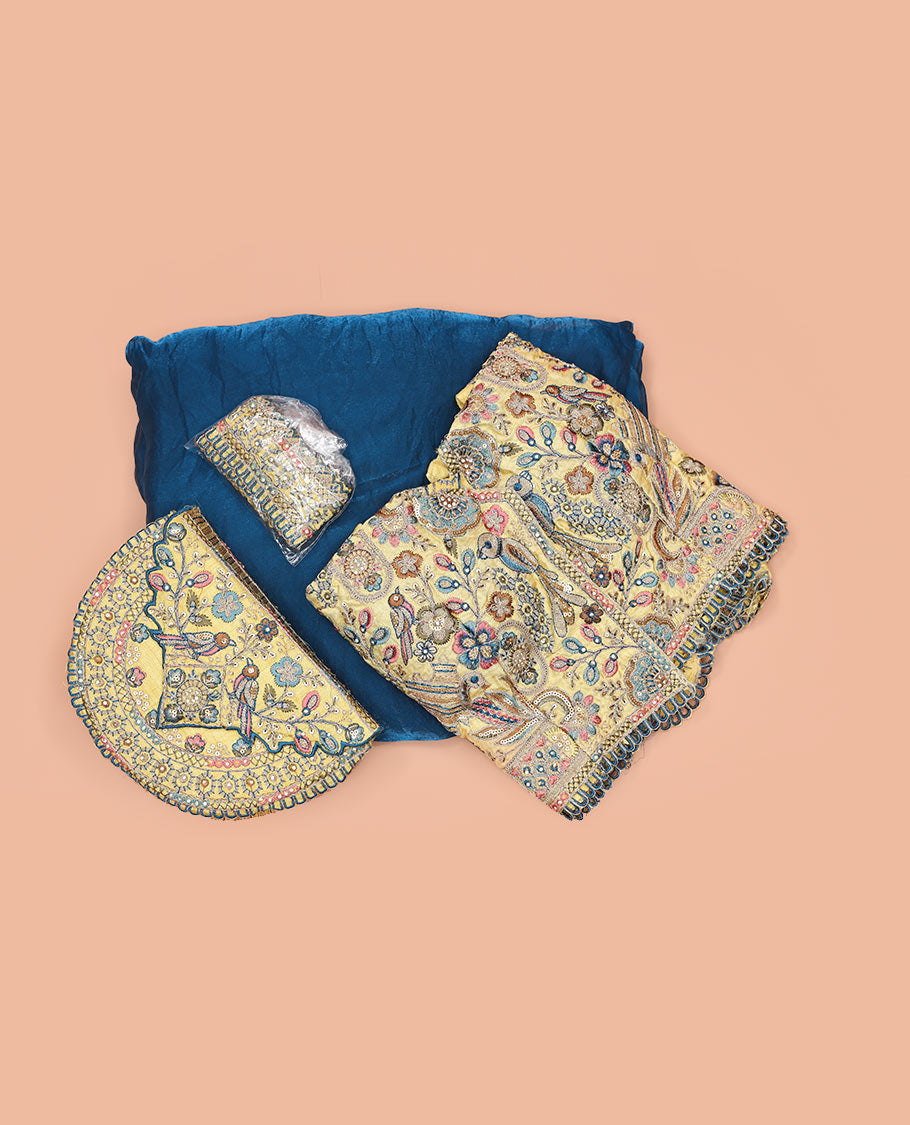 Blue Plain Party Wear Designer Saree, Complemented with a Contrast Collared Neck Heavy Embroidered 3/4th Sleeve Readymade Blouse, Detachable Embroidered Belt, and a Free Embroidered Flap Sling Bag