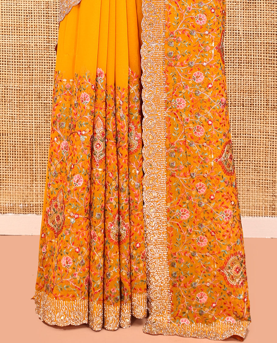 Yellow Designer Saree, Gracefully Embellished with Floral Mixed Embroidery, a Stone Work Scallop Border, and a Matching Blouse