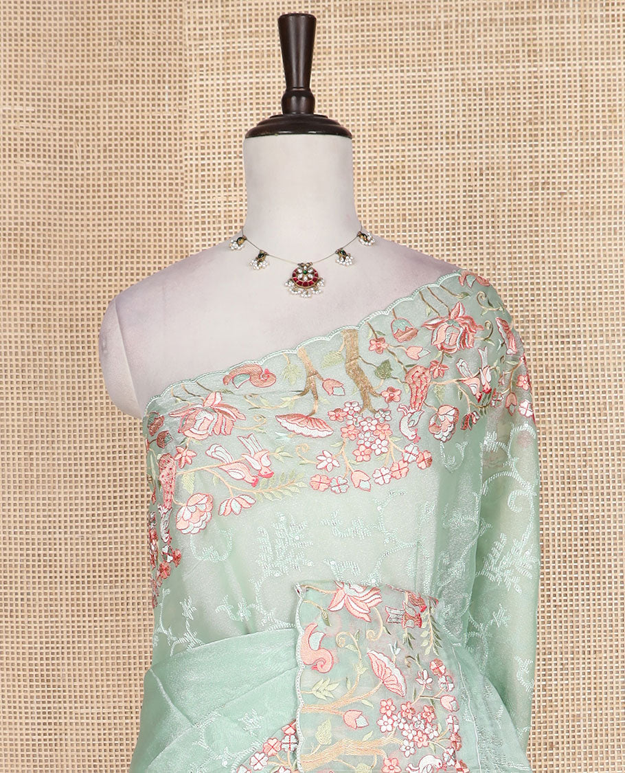 Green floral vine embroidered with stone work designer saree, scallop floral vine and birds embroidered border
