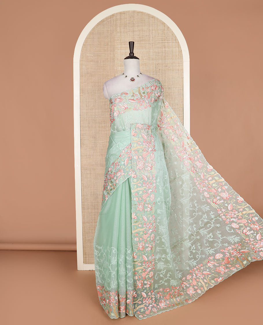 Green floral vine embroidered with stone work designer saree, scallop floral vine and birds embroidered border