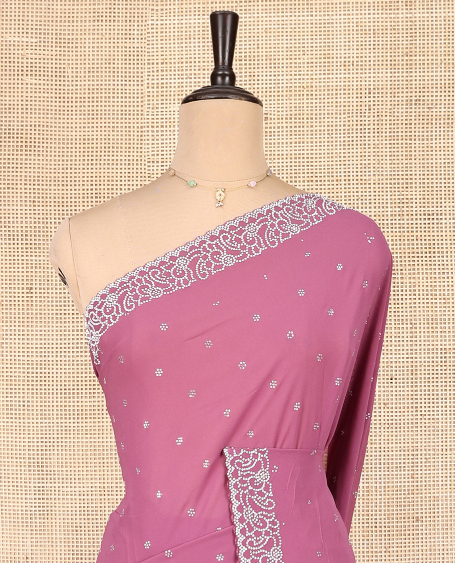 Pink Designer Saree, Gleamed Up with Micro-Stone Work, Scallop Micro-Stone Work Border, a Self-Pallu, and a Matching Blouse