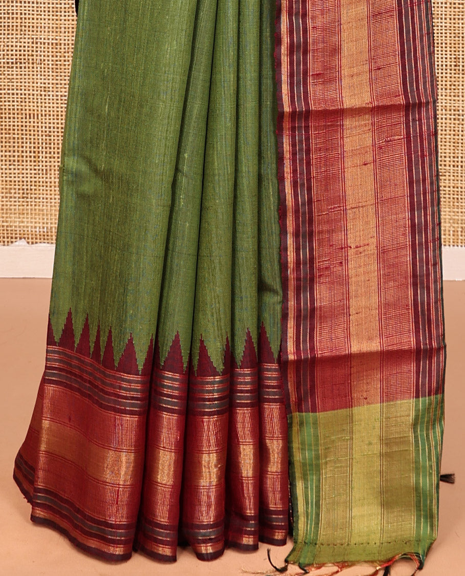 Green Plain Dupion Silk Saree, Complemented by a Contrast Temple Zari Border, Striped Pallu, and a Contrast Blouse
