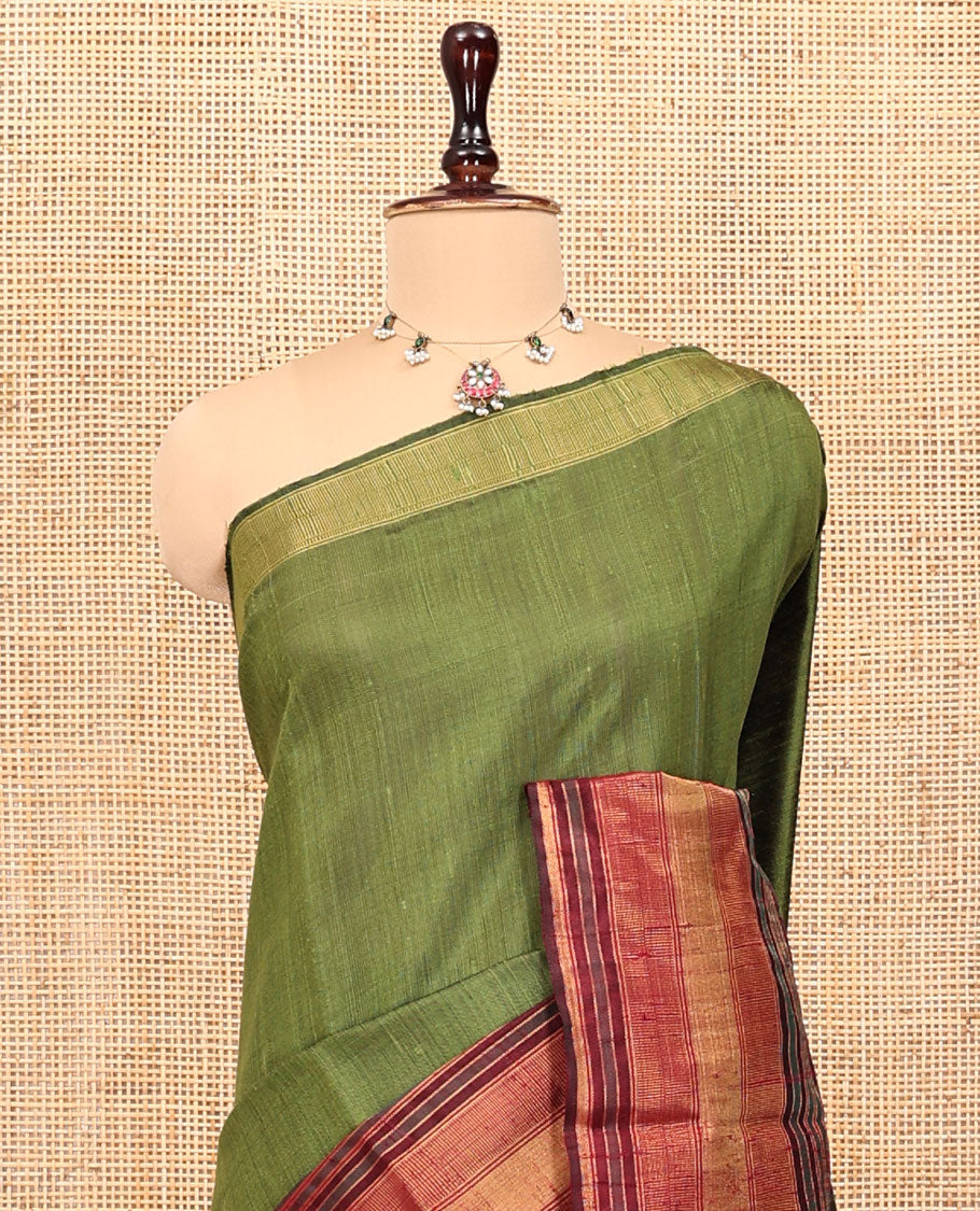 Green Plain Dupion Silk Saree, Complemented by a Contrast Temple Zari Border, Striped Pallu, and a Contrast Blouse