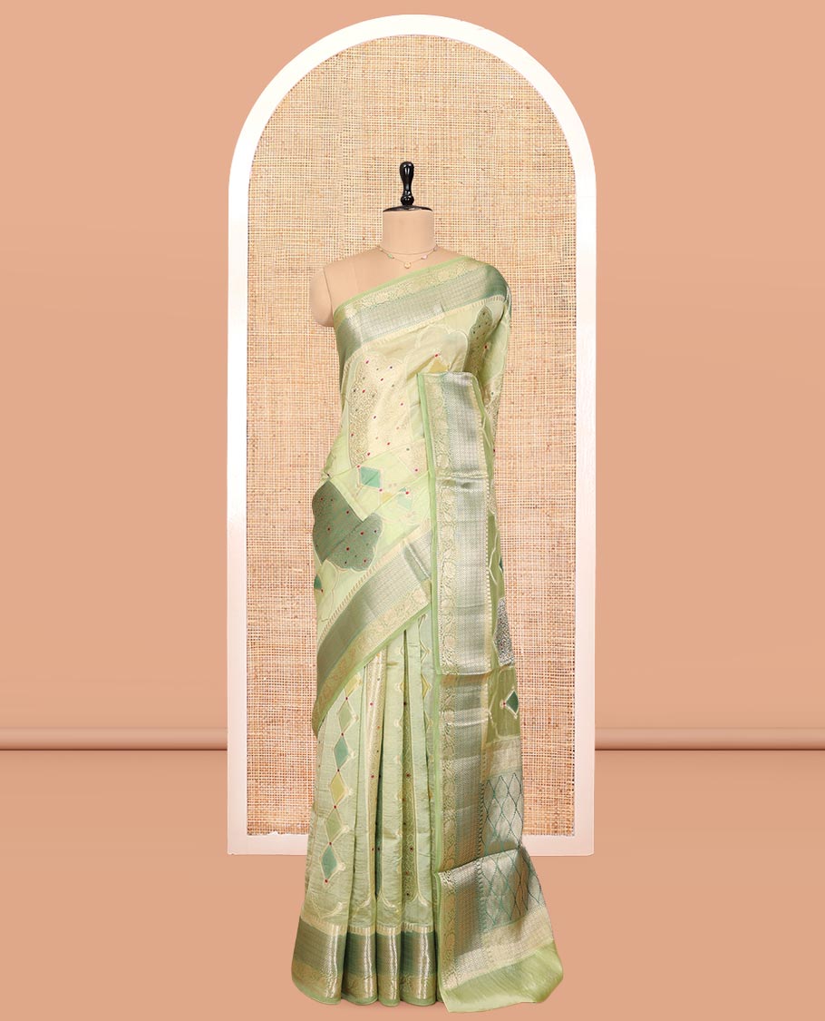 Green Dupion Silk Saree, Graced with Rangkat-Style Mughal Designs, a Contrast Traditional Zari Border, Ogee Pallu, and a Contrast Blouse