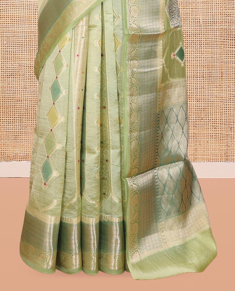 Green Dupion Silk Saree, Graced with Rangkat-Style Mughal Designs, a Contrast Traditional Zari Border, Ogee Pallu, and a Contrast Blouse