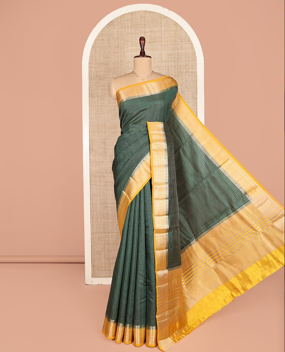 Green Dupion Silk Saree, Detailed with Zari Micro-Checks, Complemented by a Contrast Traditional Zari Design Border, Zari Striped Pallu, and a Contrast Blouse
